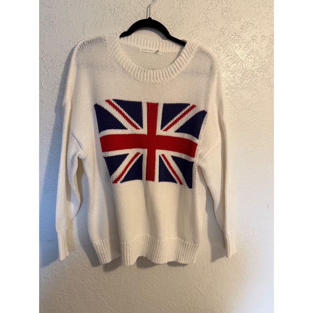 Altar'd State Union Jack Flag Sweater White Cotton Blend Crewneck Small ASWS-253
